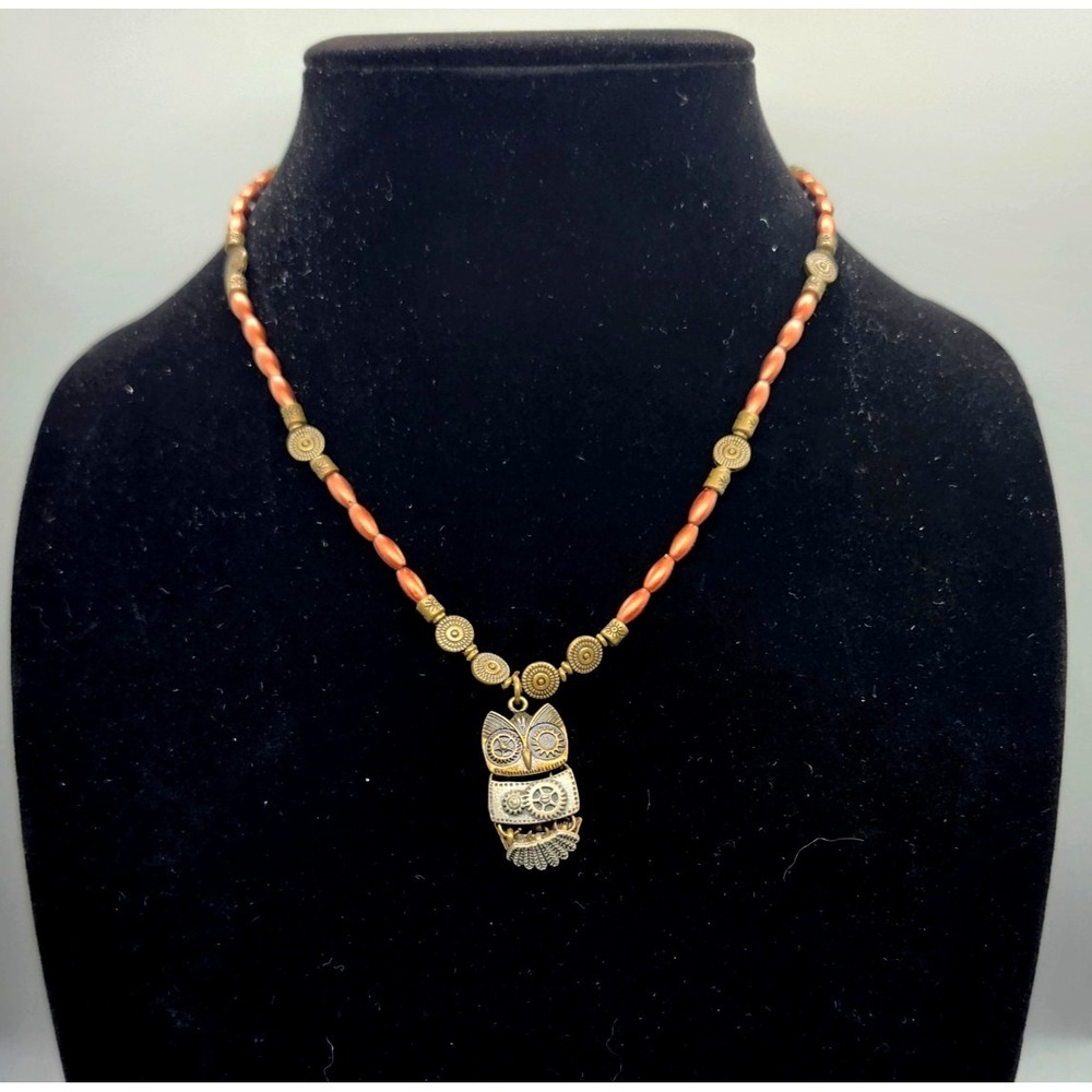 Steampunk Owl Pendant Necklace Bronze Copper Tone Beaded‎ Boho Articulated Gear